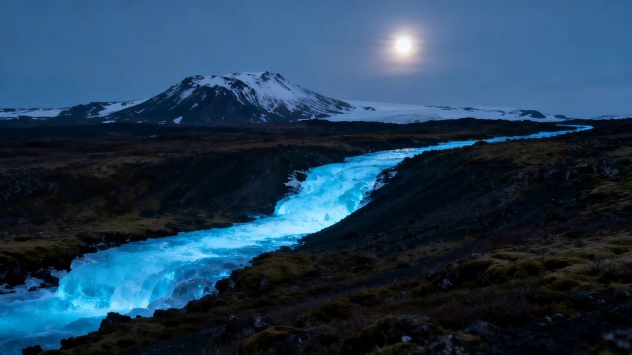 Have You Heard Of The Glowing Blue Ice River That Winds Down An Active Volcano Under Moonlight